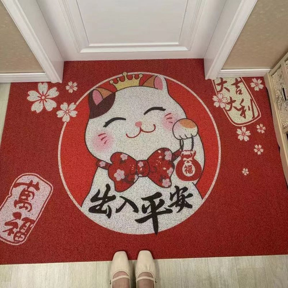 Lucky Cat Door Floor Mats Entrance Can Be Cut Red Silk Rings Household Foot Carpets Safe Carpet And Rugs Floor Mats