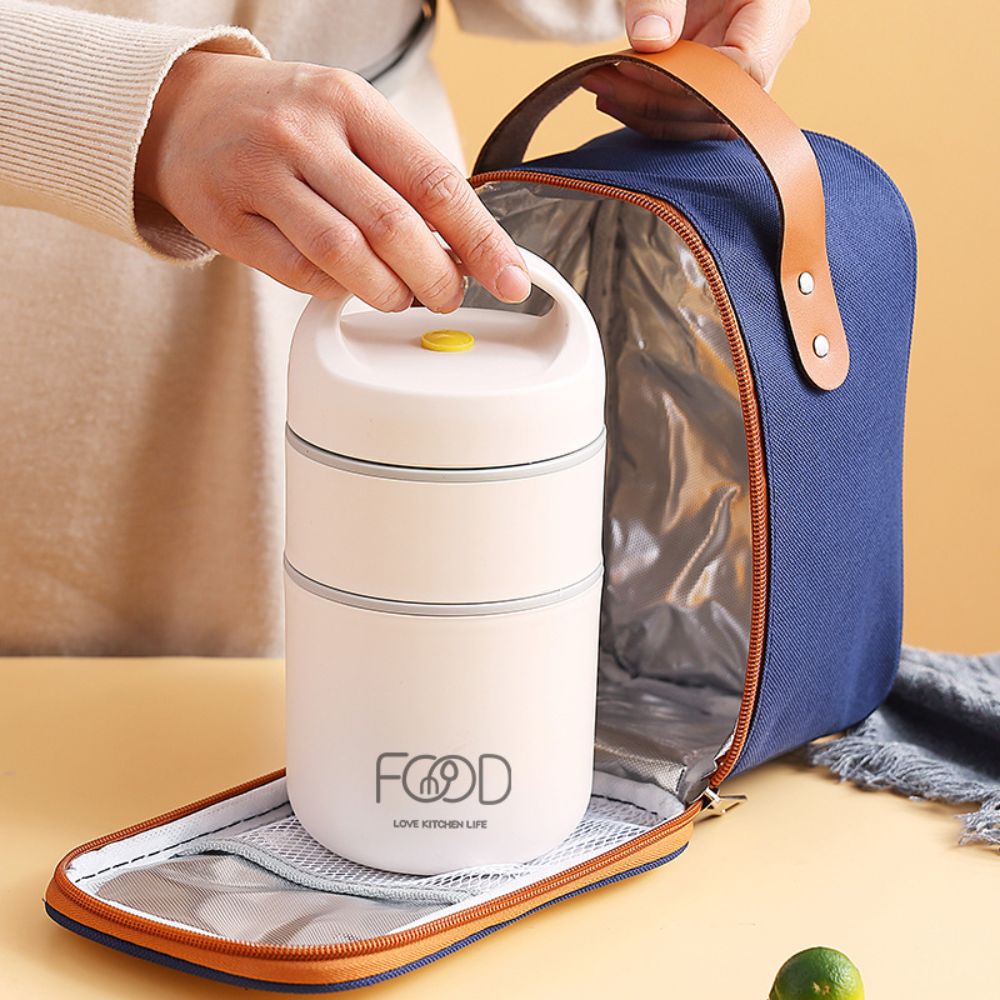 Portable Stainless Steel 304 Thermal Lunch Box With Bag Leak-Proof Double Layer Bento Box Adult Student Soup Food