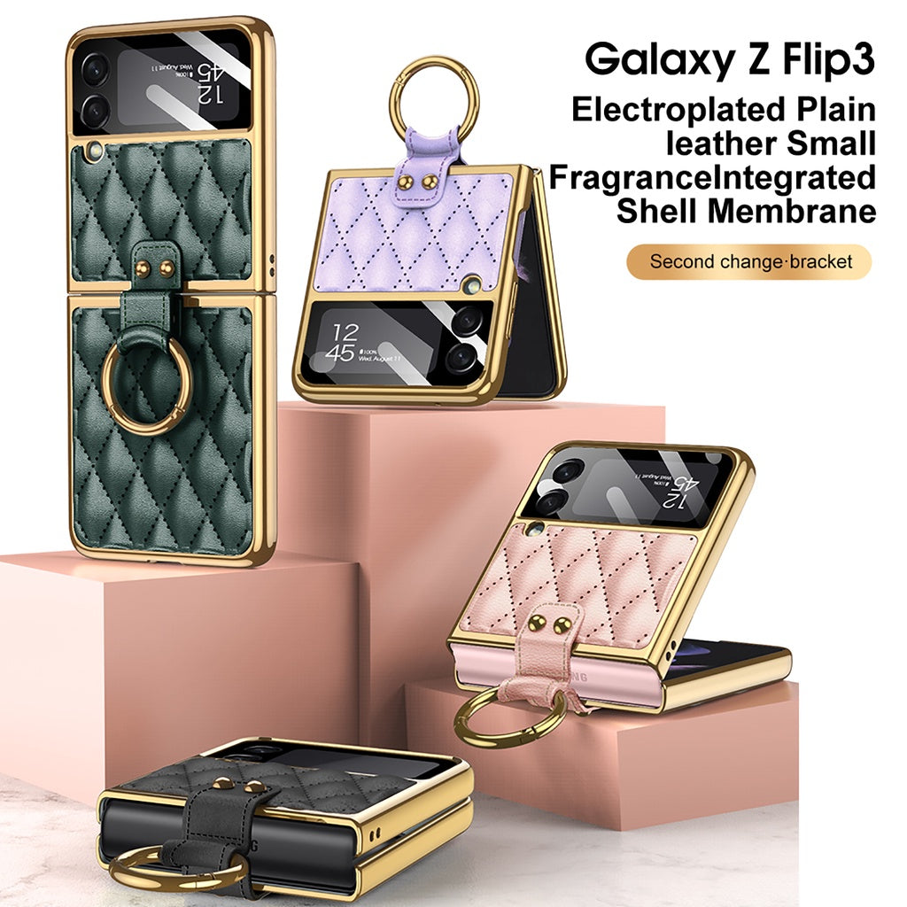 For Galaxy Z Flip 3 Case with Finger Ring Holder Ultra Thin Protective Back Cover Ring Plating Leather Screen Protector