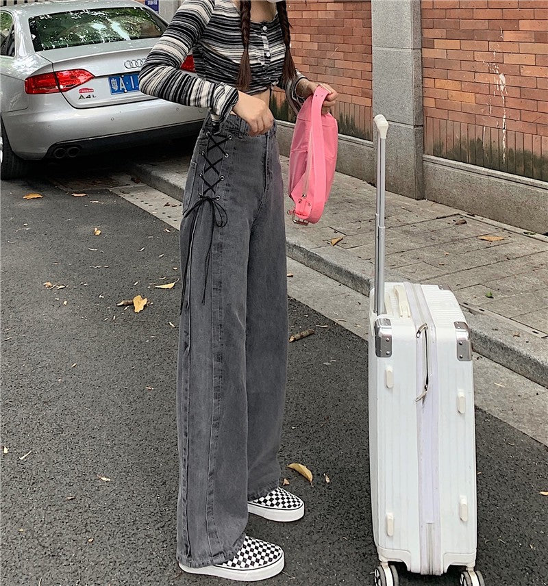 2022 New Smoke Grey Tube Pants Jeans Women Loose Wide Leg Vibe Style Pants Versatile Trend Thin Women Denim Leg Trouser