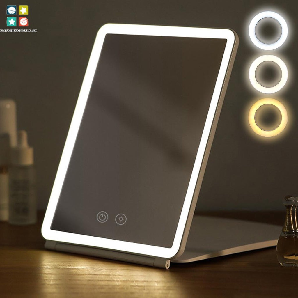 Folding Travel Mirror Lighted Makeup Mirror with 80 LEDs 3 Colors Light Modes USB Rechargeable Mirror Rechargeable Batts