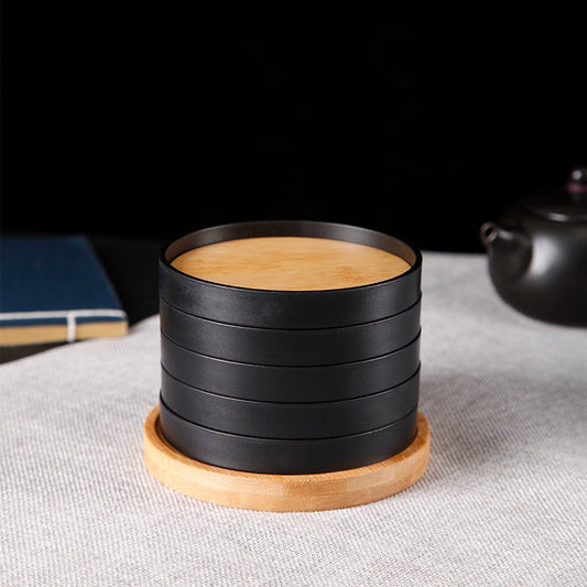 Bamboo Coaster Coasters placemat 5-Pack Set Wooden with Holder - Round Cup mat for Cold Drinks and Hot Beverage