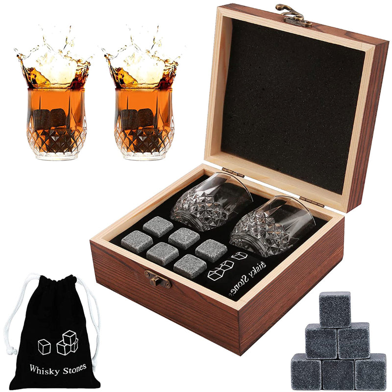 Whiskey Stones Gift Set Whiskey Glass Set Of 2 With 6 Granite Chilling Whiskey Rocks In Wooden Box Multi-Occasion Gift