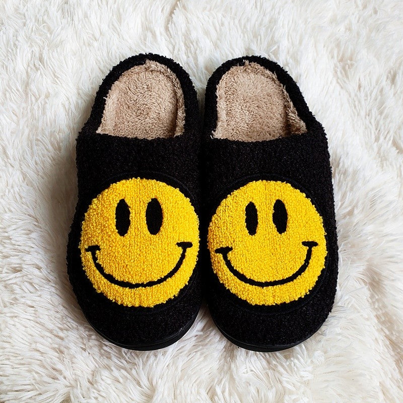 Cute Smiley Face Slippers Home Couple Plush Slippers Winter Warm Bedroom Plush Cotton Shoes Indoor Anti Slip Step-ins