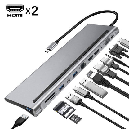 12in1 Type-c Docking Station to Dual HDMI*2 VGA Audio 3.5mm TF/SD Reader RJ45 Ethernet PD Charge USB-C HUB for Laptop Phone Tablet