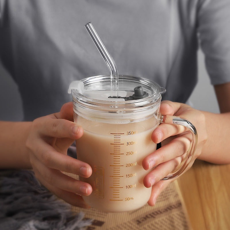 Graduated Glass Cup Coffee Mug With Straw Cover And Handle Tea Cup For Home Office Travel High Borosilicate Glass 350ml