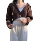 Coffee Color Women's Loose Fit V Neck Long Sleeve Knitted Sweater Cropped Top Pullover for Autumn Winter Clothing Outfit