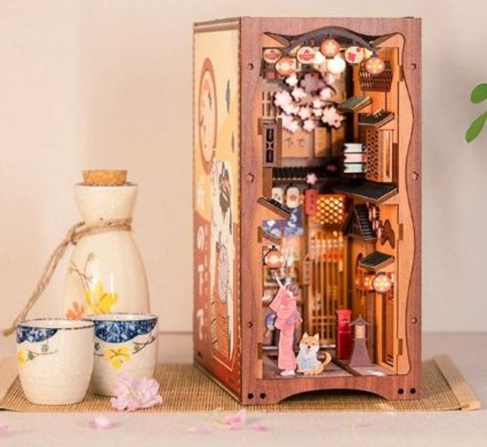 DIY Dollhouse Model, Japanese Sakura Book Nook With LED Lights, 3D Bookshelf Insert, The Best Birthday Gifts Colorful