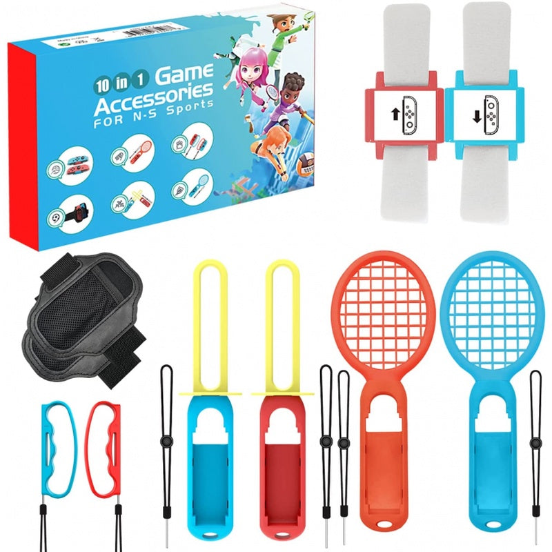 Switch Sports Accessories 10 In 1 Bundle Kit for Game Joy Con Controller NS Strap Wrist Dance Band Racket