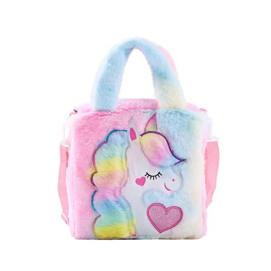 Children's Plush Waist Bag Unicorn Cartoon Shoulder Messenger Multicolor Cute Girls Rainbow Unicorn Embroidered Pattern