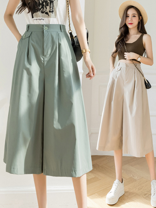 2022 Summer Korean Version Loose Cropped Pants High Waist Wide-leg Pants Slim Female Casual Pleated Casual Capris Skirts