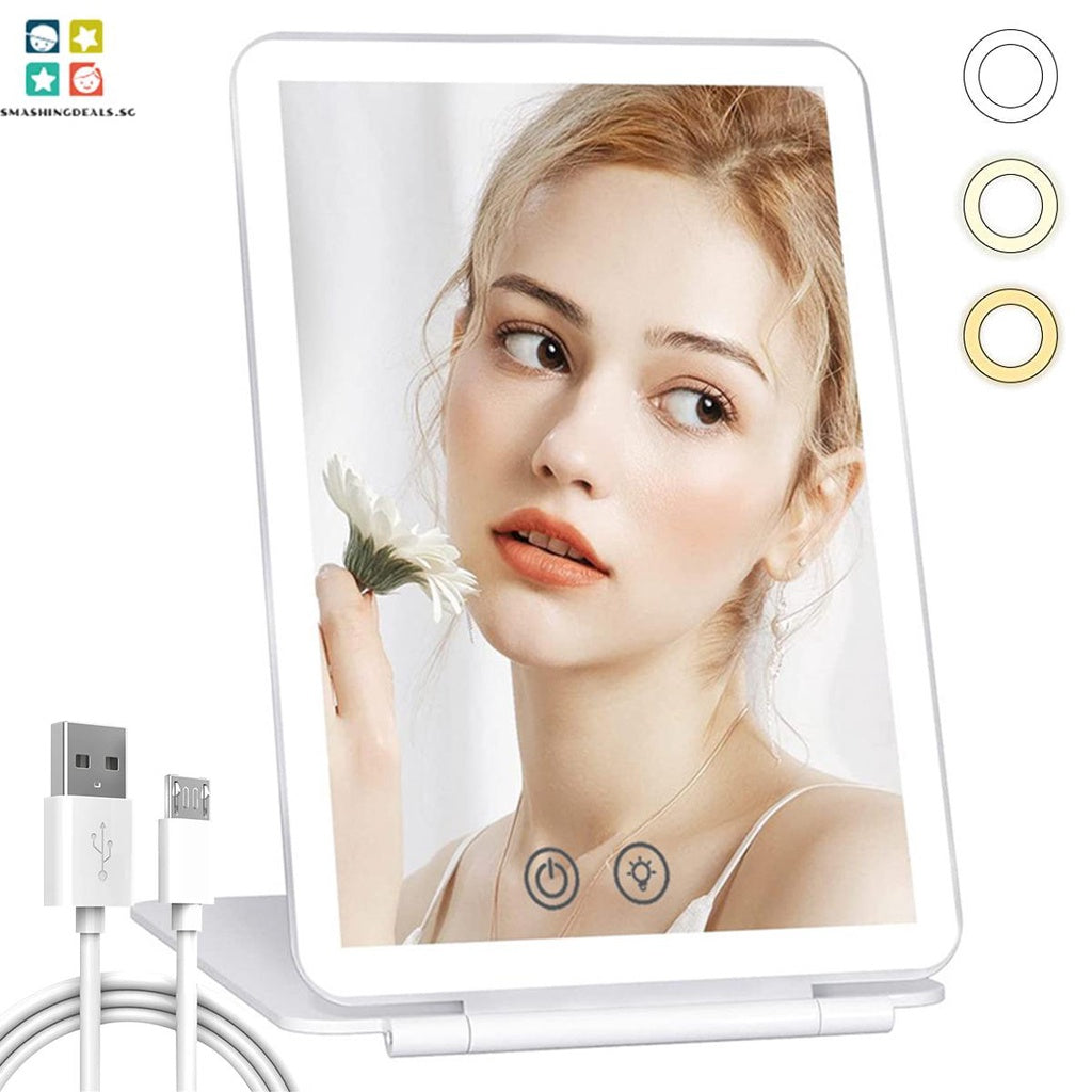 Folding Travel Mirror Lighted Makeup Mirror with 80 LEDs 3 Colors Light Modes USB Rechargeable Mirror Rechargeable Batts