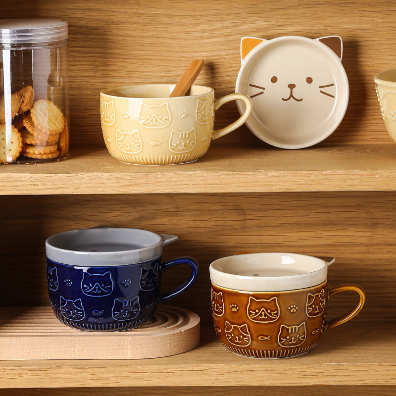 Japanese Ceramic Cartoon Cat Mug Cute Breakfast Cup Creative Coffee Cup with Lid Milk Cup Couple Water Cup Cute Design