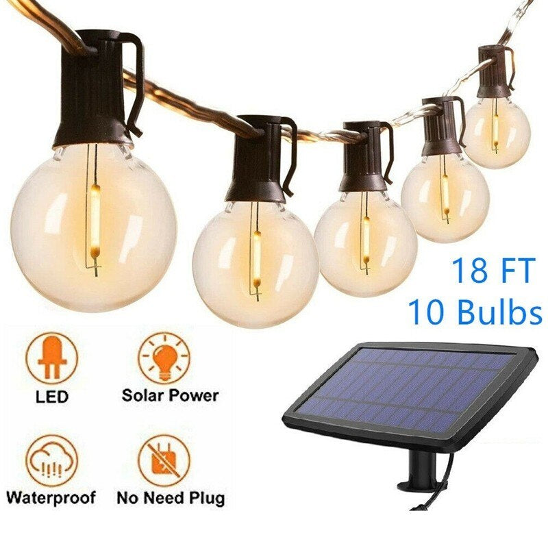 G40 Solar Powered 18Ft Outdoor Patio Globe String Lights Bistro Yard Decoration Glass E12 LED 10 Bulbs 2200mAh Battery