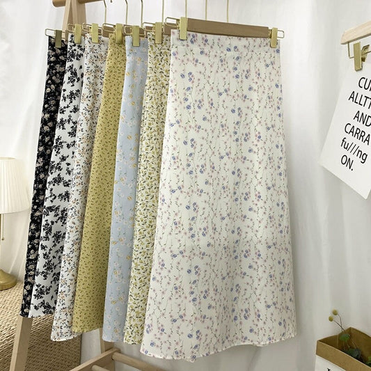 Korean Style Women Ladies Summer Chiffon Floral High Waist A-line Maxi Long Skirts Vintage Female Color 3 2022 Design