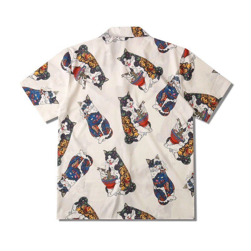 Harajuku Cat Polo Shirt Men Summer Men's Hawaiian Shirt Ramen Cat Full Print Beach Cardigan Loose Oversized Short Sleeve