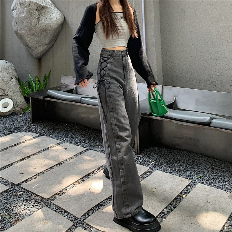 2022 New Smoke Grey Tube Pants Jeans Women Loose Wide Leg Vibe Style Pants Versatile Trend Thin Women Denim Leg Trouser