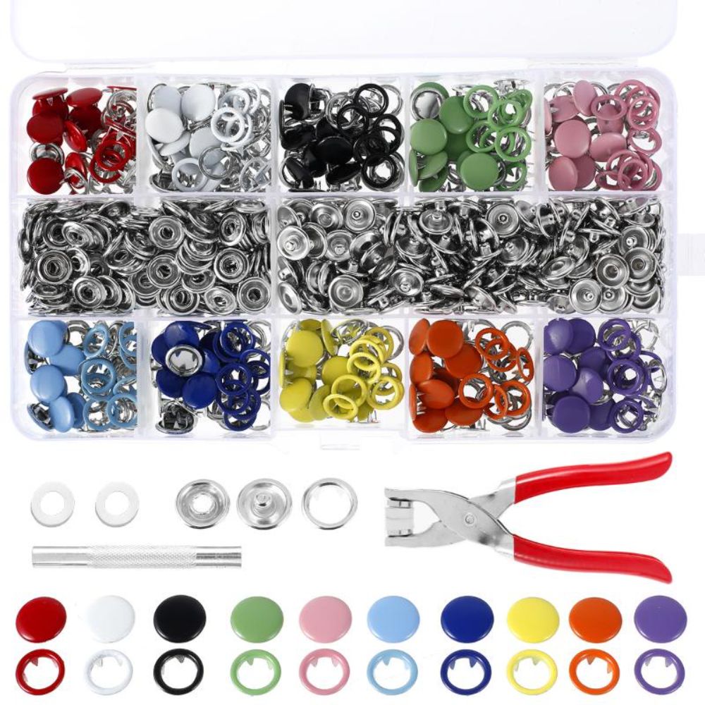 200 Sets 10 Colors Snap Fasteners Kit Metal Hollow and Solid Five Claw Buckle Set with Hand Pressure Pliers Tool DIY Sew