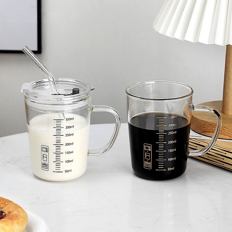 Graduated Glass Cup Coffee Mug With Straw Cover And Handle Tea Cup For Home Office Travel High Borosilicate Glass 350ml