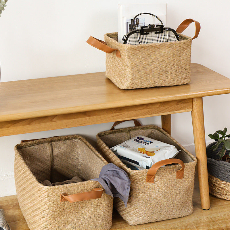 Natural Storage Basket Storage Box Cabinet Clothing Storage Basket Khaki Beige Handle Carrying Durable Organizing Basket