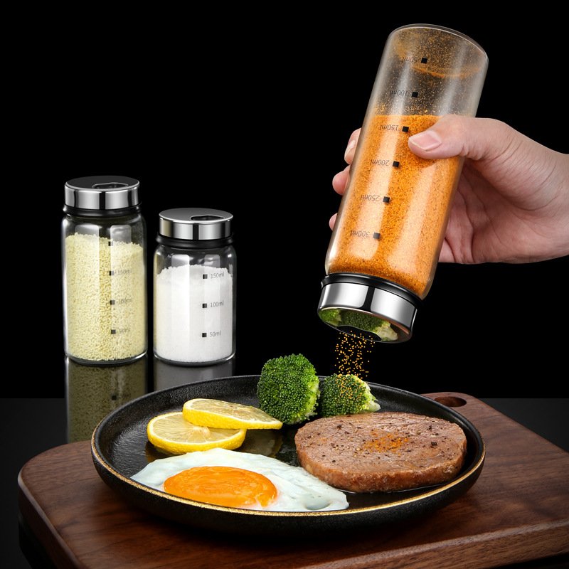 300mL Glass Seasoning Jar With Scale 4 Outlets Spice jars Kitchen Chili Pepper Powder Sprinkling Jar Barbecue Salt Shaker Container