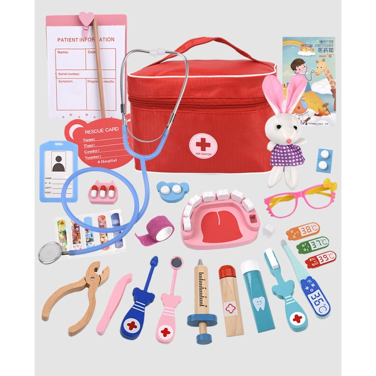 Doctor Toys for Children Girl Boy Kids Pretend Play Wood Red Medical Kit Dentist Medicine Box Sets Cloth Bag Role Pay