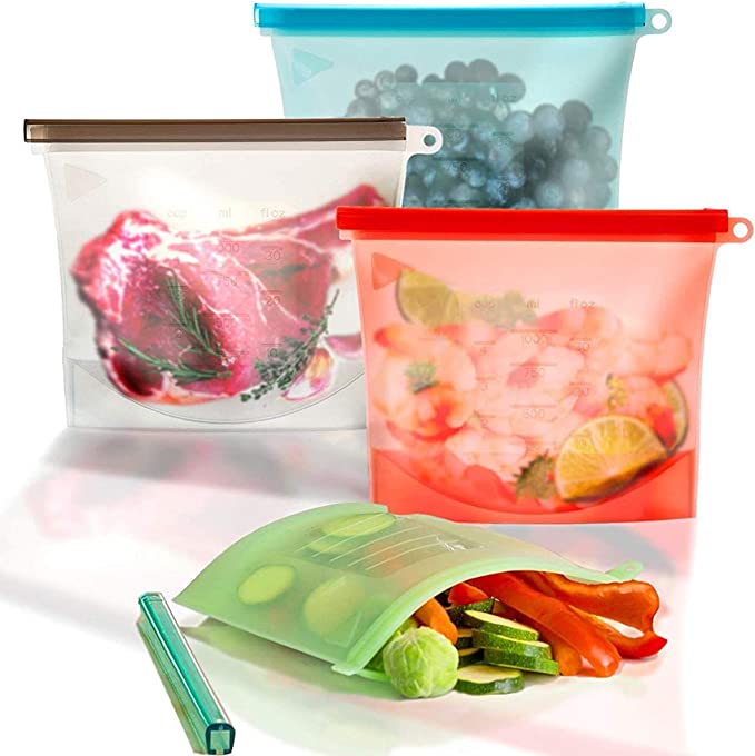 4 Pcs Vacuum Silicone Storage Bag Sealed Food Fruits Container Resealable 1 Liter Capacity