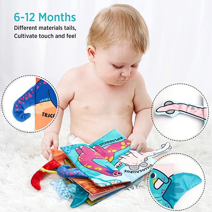 beiens Soft Baby Cloth Books, Touch and Feel Crinkle Books, My First Book, Infants & Toddler Early Development Interactive Toys, Easter Basket Stuffers, Baby Girl & Boy Gift (Dinosaur Tail-1 Book)