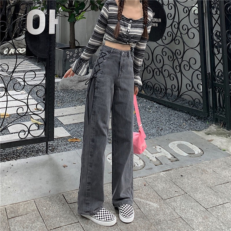 2022 New Smoke Grey Tube Pants Jeans Women Loose Wide Leg Vibe Style Pants Versatile Trend Thin Women Denim Leg Trouser