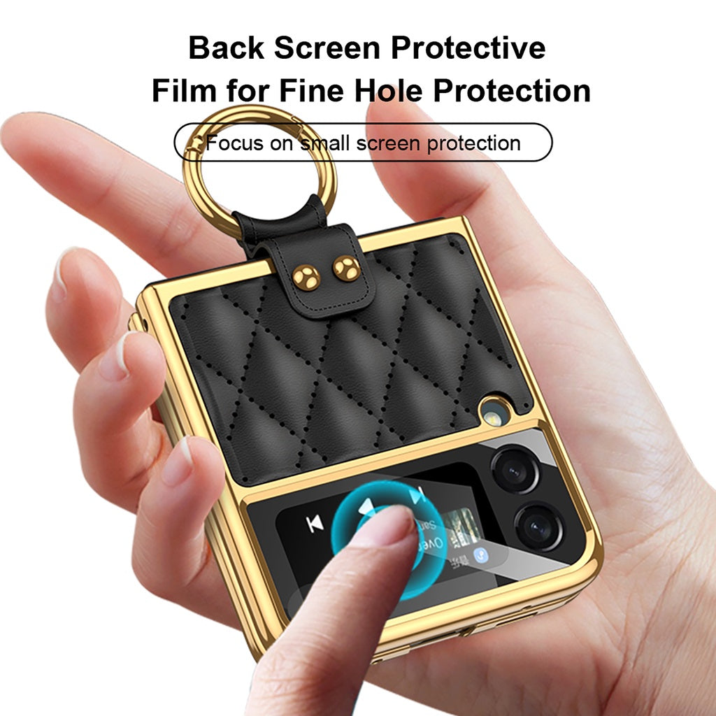 For Galaxy Z Flip 3 Case with Finger Ring Holder Ultra Thin Protective Back Cover Ring Plating Leather Screen Protector