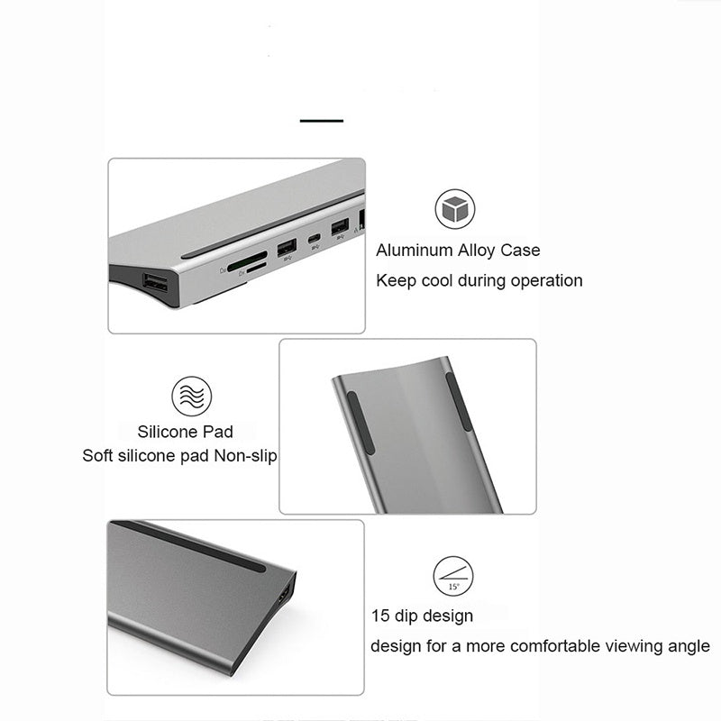 12in1 Type-c Docking Station to Dual HDMI*2 VGA Audio 3.5mm TF/SD Reader RJ45 Ethernet PD Charge USB-C HUB for Laptop Phone Tablet