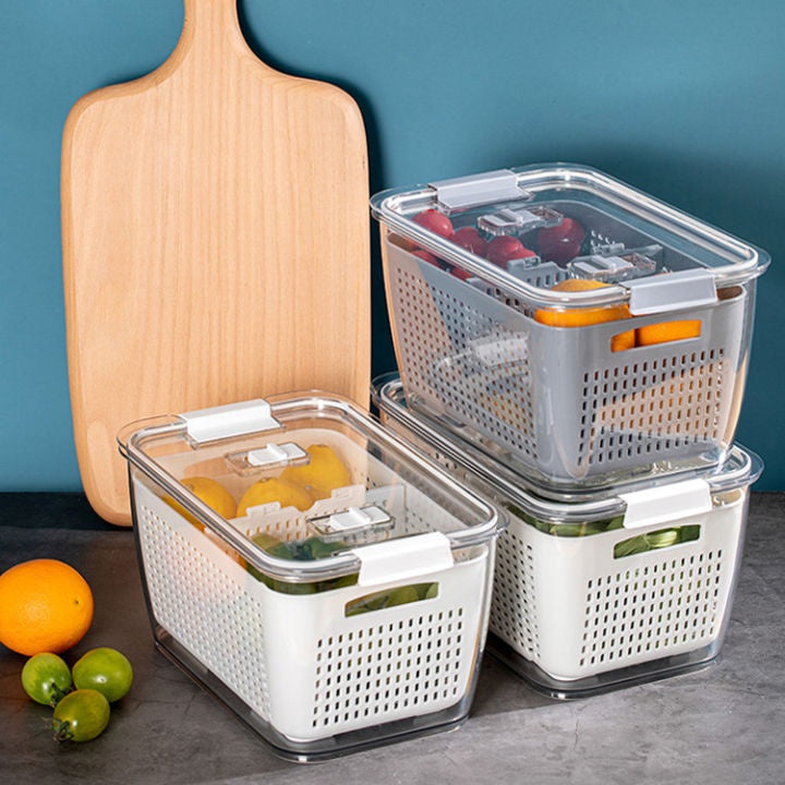 Fridge Storage Container with Drainer, Air tight locking Lid Fridge Refrigerator Organizer Food Keeper