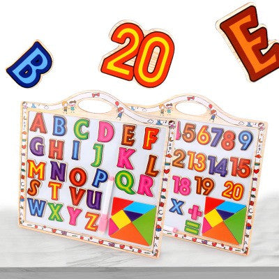 Children's Creative Wooden Drawing Board with Magnetic Blocks Numbers Letters for Toddlers Education Learning Doodle Toy