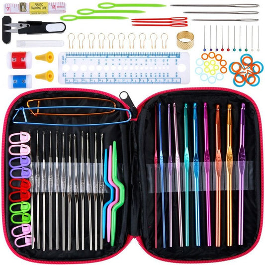 100pcs Aluminum Crochet Hooks Needles Set Weave Craft with Bag Hooks Knit Needles Gauge Scissors Stitch Holders DIY