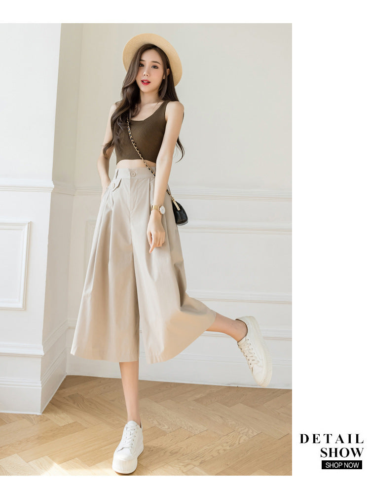 2022 Summer Korean Version Loose Cropped Pants High Waist Wide-leg Pants Slim Female Casual Pleated Casual Capris Skirts