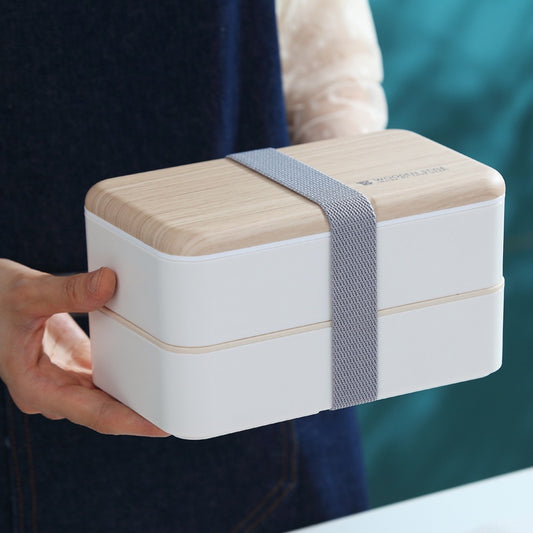 1200ml White Rectangular Microwave Safe Double Layer Lunch Box Simple Nordic Wooden Seal Leak-proof Japanese Bento Style