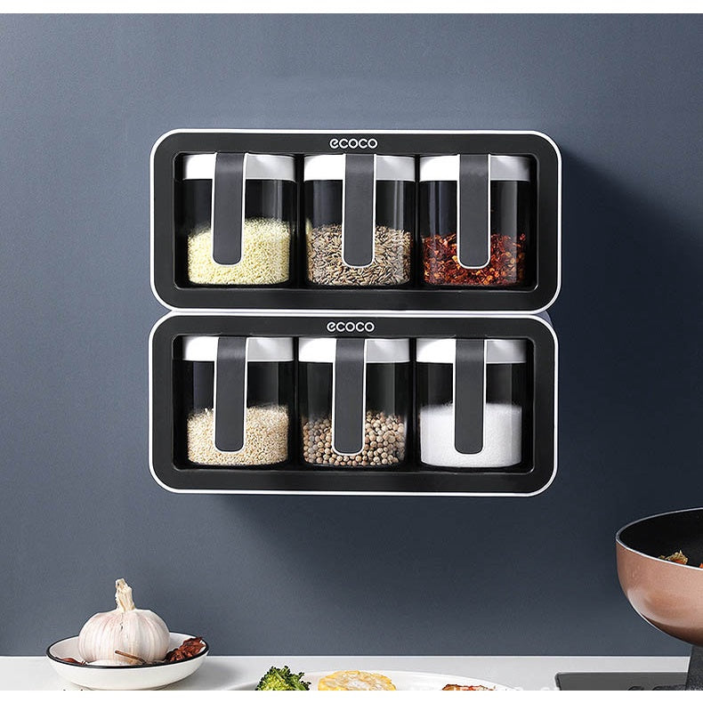 Wall Mount Spice Rack Organizer Sugar Bowl Salt Shaker Seasoning Container Spice Boxes With Spoons Kitchen 3 Cups