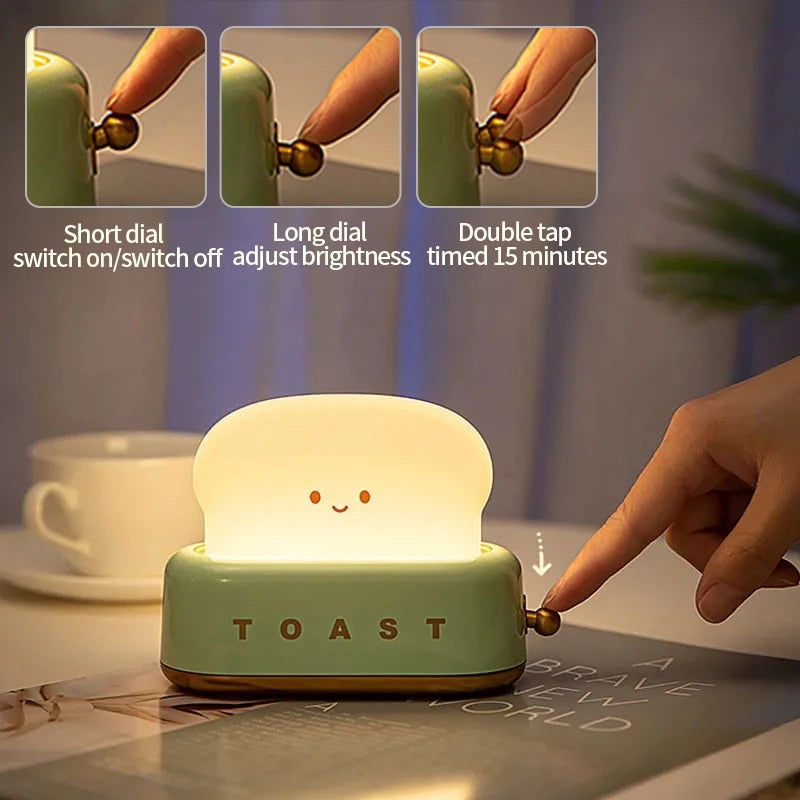 Creative Toast Night Light USB Rechargeable Timing LED Cute Sleep Lamp Household Decorative Lamp for Home Bedroom Table