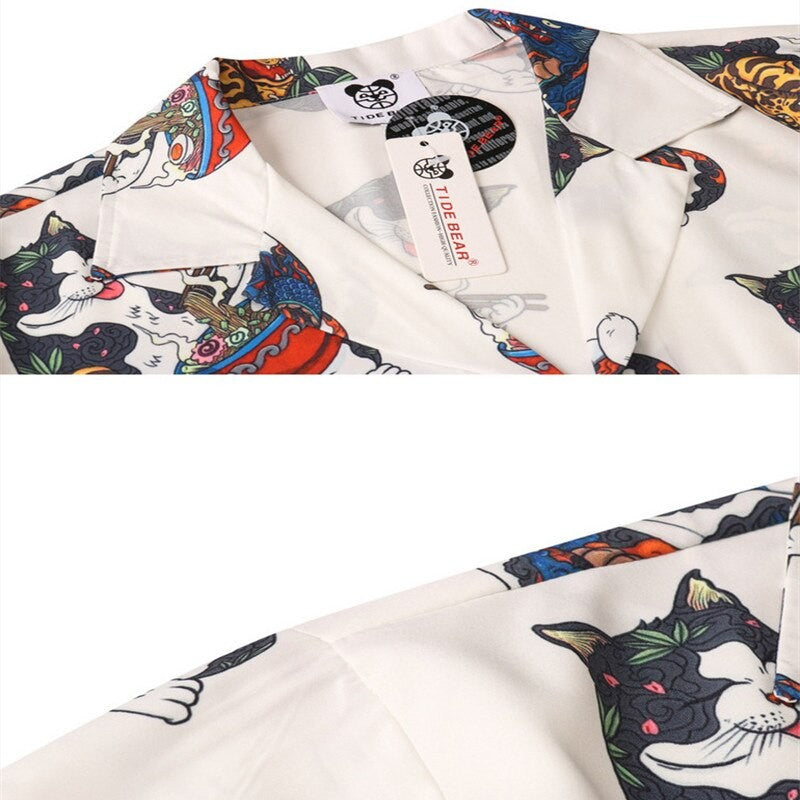 Harajuku Cat Polo Shirt Men Summer Men's Hawaiian Shirt Ramen Cat Full Print Beach Cardigan Loose Oversized Short Sleeve