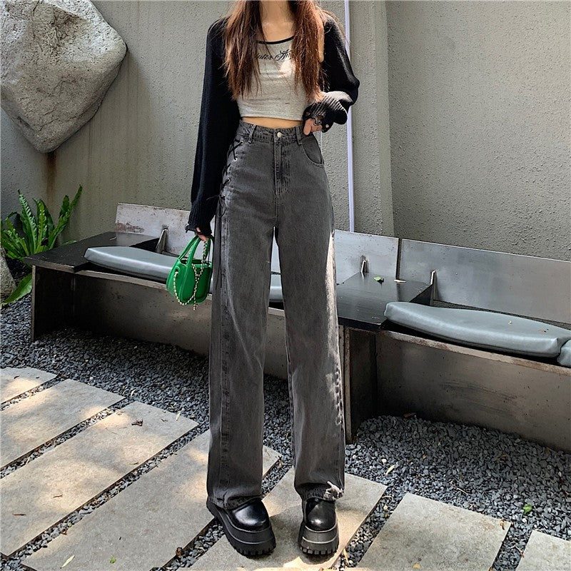 2022 New Smoke Grey Tube Pants Jeans Women Loose Wide Leg Vibe Style Pants Versatile Trend Thin Women Denim Leg Trouser