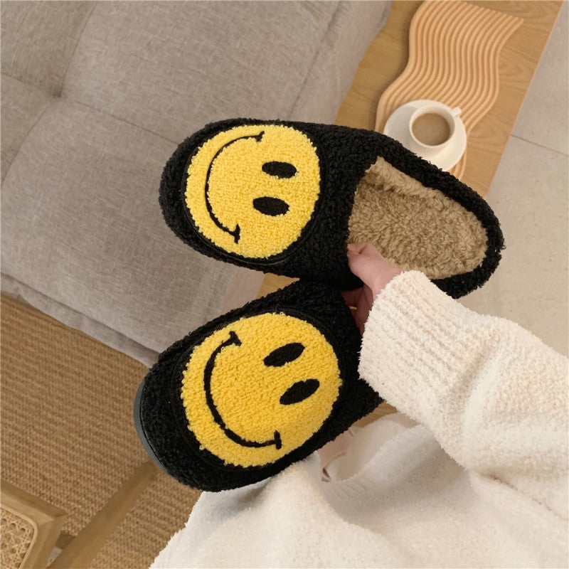 Cute Smiley Face Slippers Home Couple Plush Slippers Winter Warm Bedroom Plush Cotton Shoes Indoor Anti Slip Step-ins