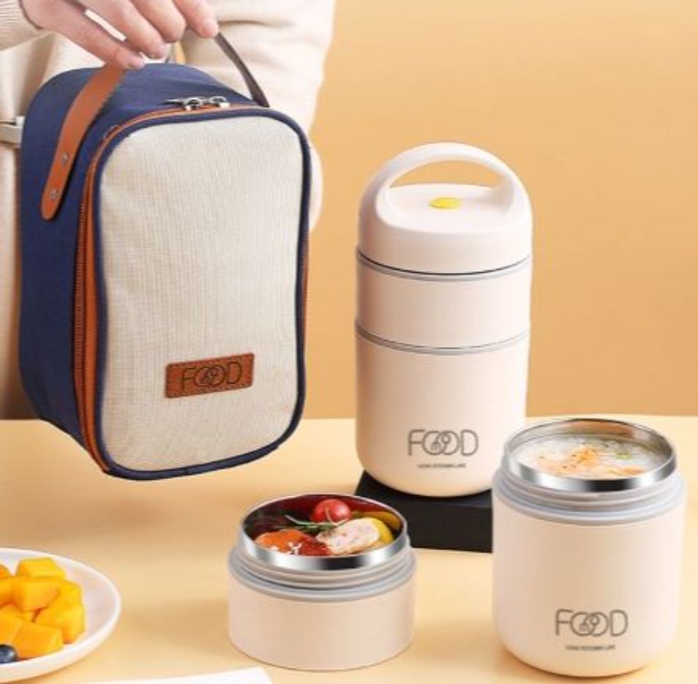 Portable Stainless Steel 304 Thermal Lunch Box With Bag Leak-Proof Double Layer Bento Box Adult Student Soup Food