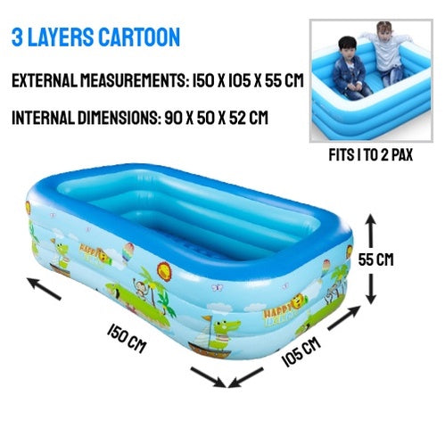 PVC Inflatable Kids Pool Large Inflatable Swimming Pool Kolam Mandi 3 Ring Rectangular Family Swimming Pool