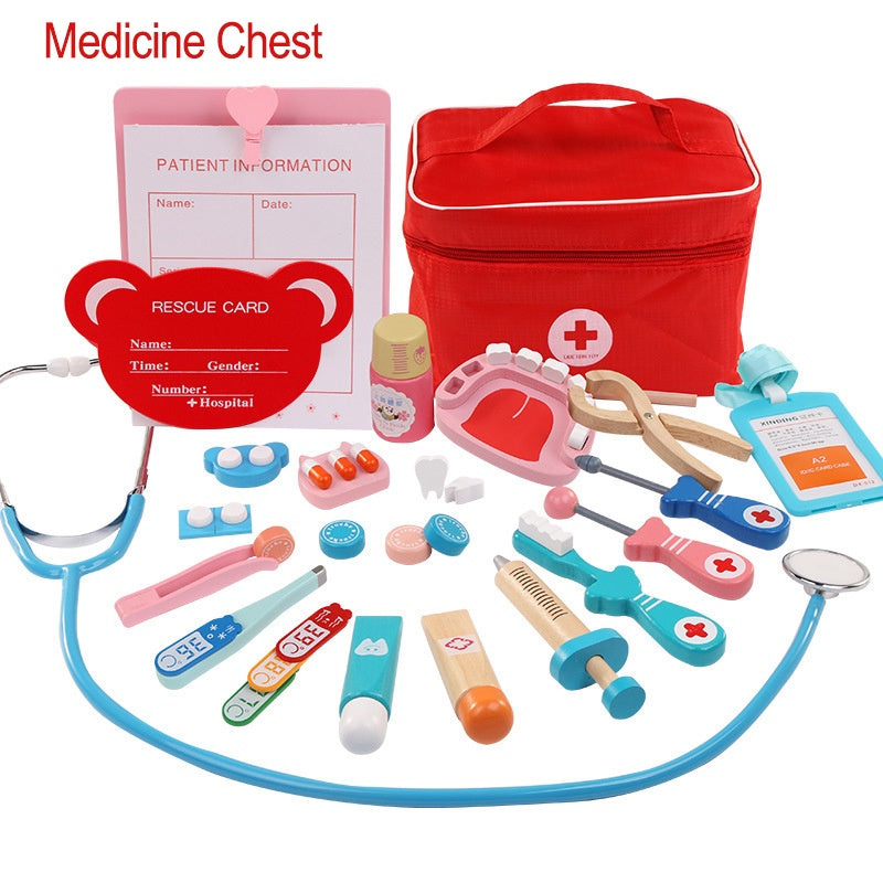 Doctor Toys for Children Girl Boy Kids Pretend Play Wood Red Medical Kit Dentist Medicine Box Sets Cloth Bag Role Pay