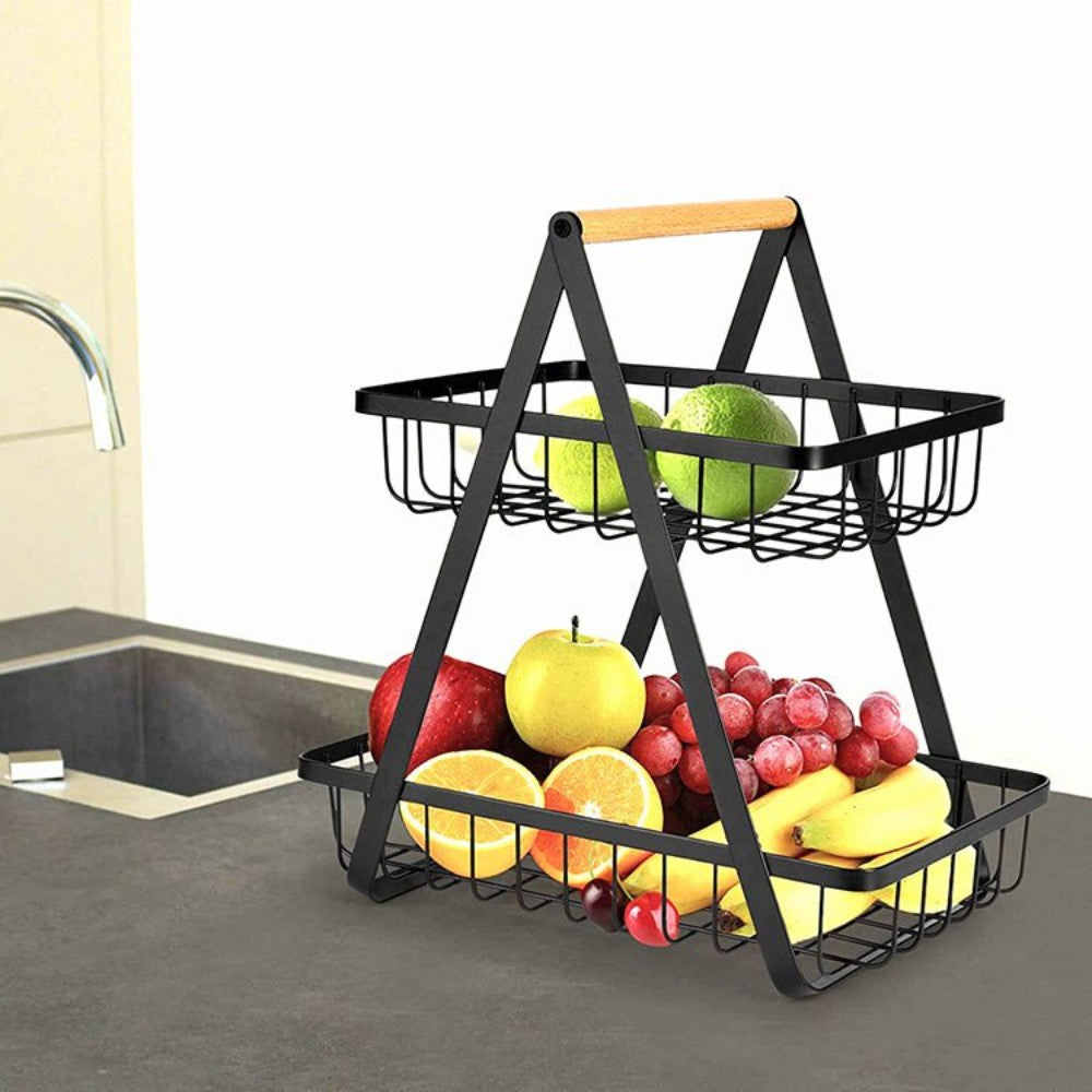 Kitchen Double Layer Portable Storage Basket Carbon Steel Removable Vegetable Fruit Storage Basket Rack Kitchen Supplies