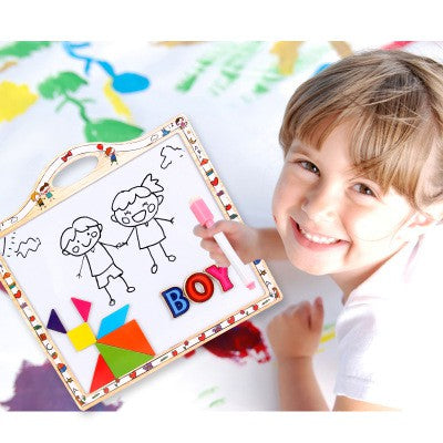 Children's Creative Wooden Drawing Board with Magnetic Blocks Numbers Letters for Toddlers Education Learning Doodle Toy