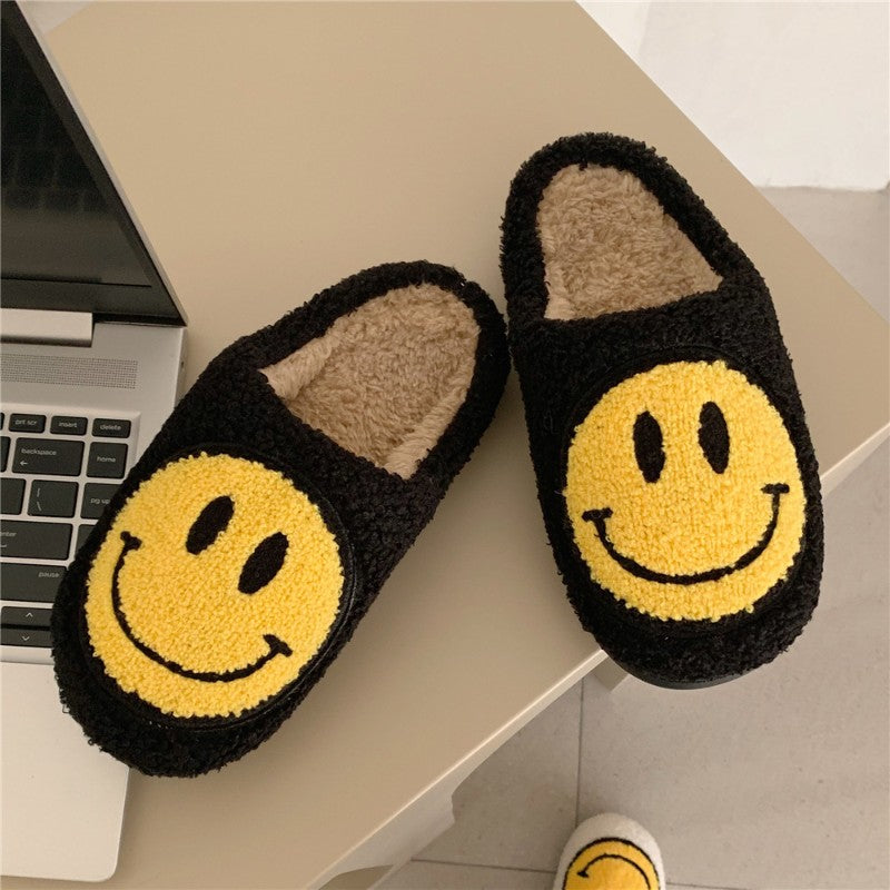 Cute Smiley Face Slippers Home Couple Plush Slippers Winter Warm Bedroom Plush Cotton Shoes Indoor Anti Slip Step-ins