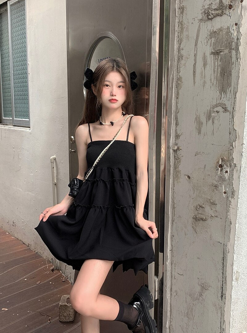 Sweet Spice Girl Little Black Dress Suspender Female Spaghetti Strap Short Skirt Korean Summer Casual Stylish Streetwear