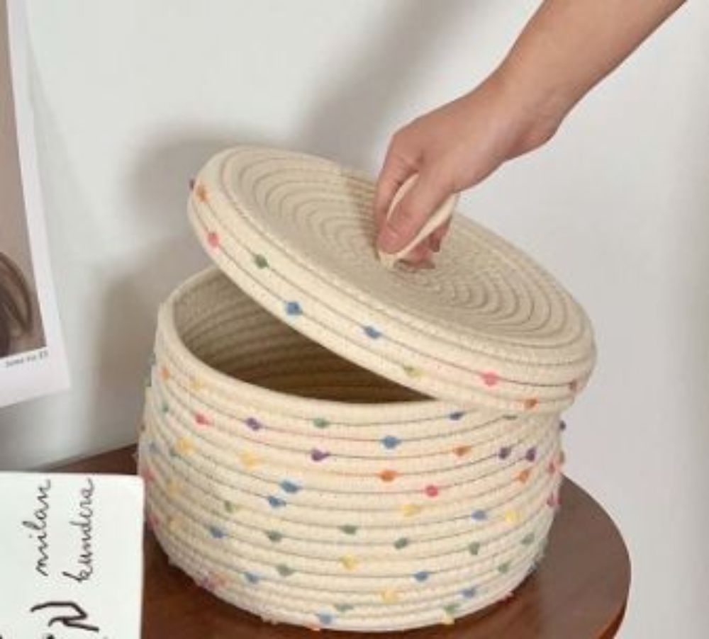 Woven Storage Basket Colorful Polka Dot Desktop With Lid Cotton Thread Organizing Box Snacks Living Room Coffee Table