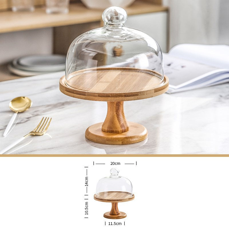 Wooden Tray Dessert Stand Cake Stand with Glass Cover Wood Decorative Tray Cake Pastry Bread Fruit Tasting Plate Dessert